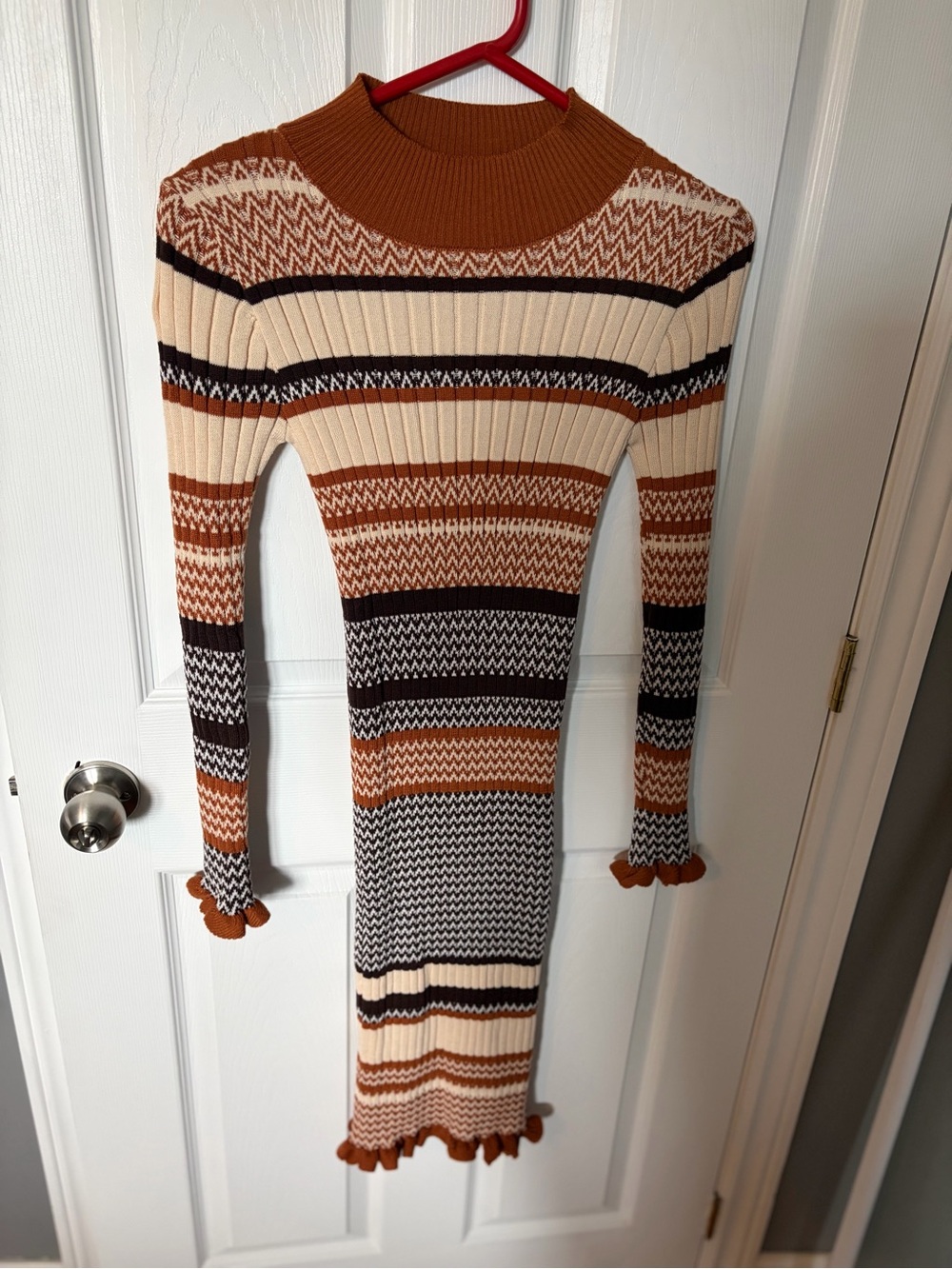 Ribbed Knit Long Sleeve Striped Dress in Rust & Cream